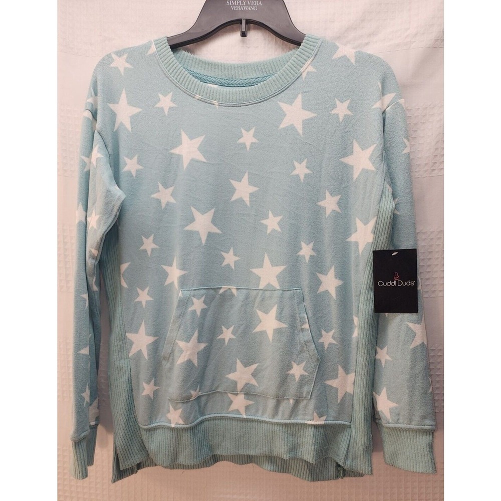 Cuddl Duds Sweater Womens XS Green White Stars Pullover Kangaroo Pocket 0176